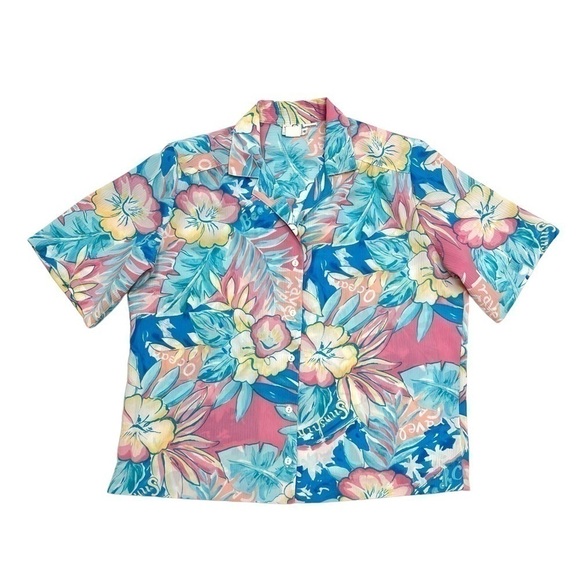 Tanjay Vintage costal floral hawaian beach style short sleeves size 12 fits L - Picture 1 of 8
